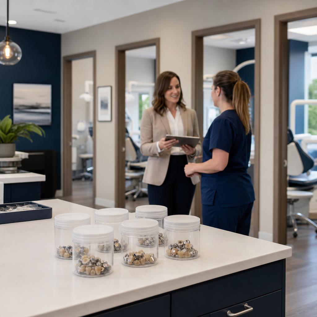 Organized dental scrap collection containers at a multi-practice coordination meeting